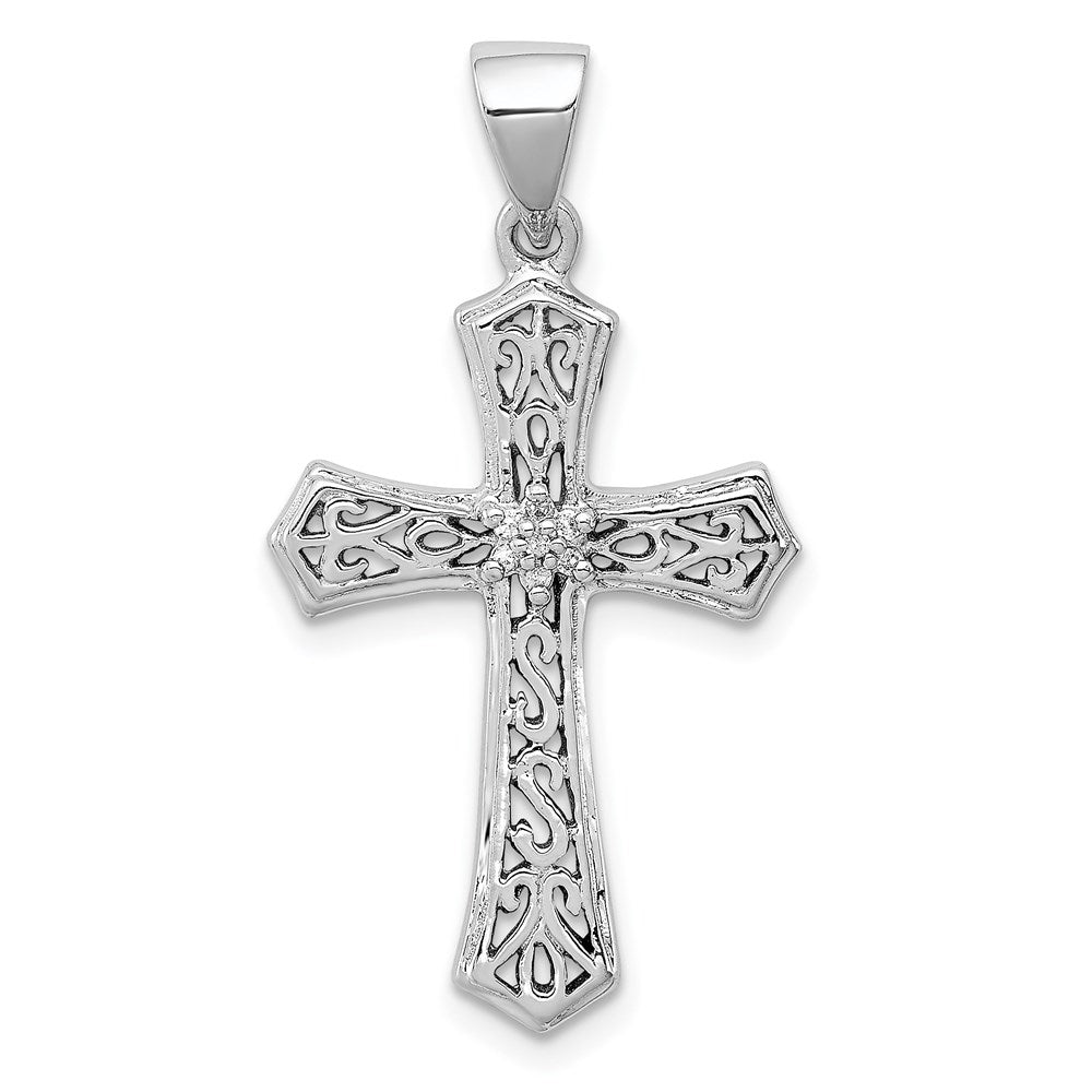 Sterling Silver Rhodium Diamond Cross Pendant, 0.021 ct, 33 x 18 mm