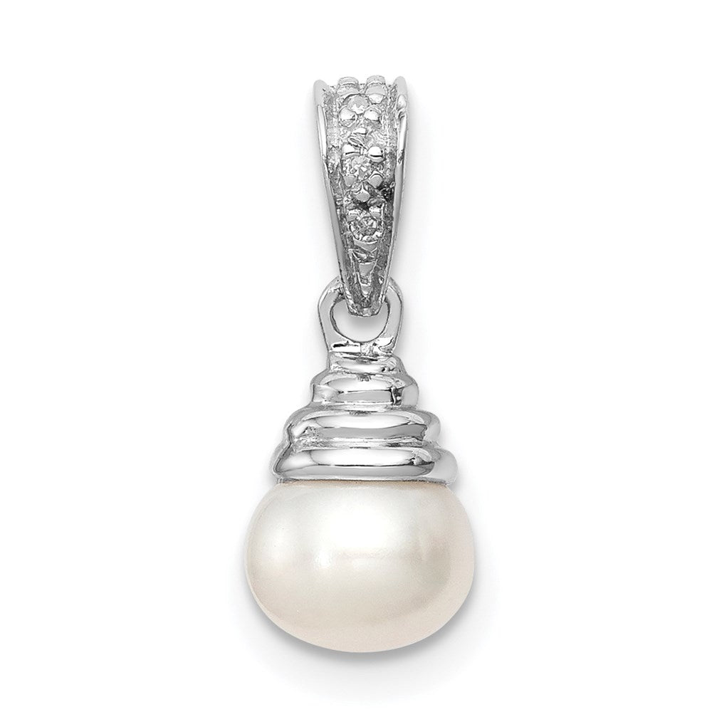 Sterling Silver Rhodium 5-6mm FW Cultured Pearl & Diamond Pendant, 0.013 ct, 15 x 6 mm