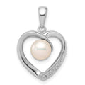 Sterling Silver Rhodium 6mm FW Cultured Pearl & Diamond Heart Pendant, 0.011 ct, 23 x 14 mm