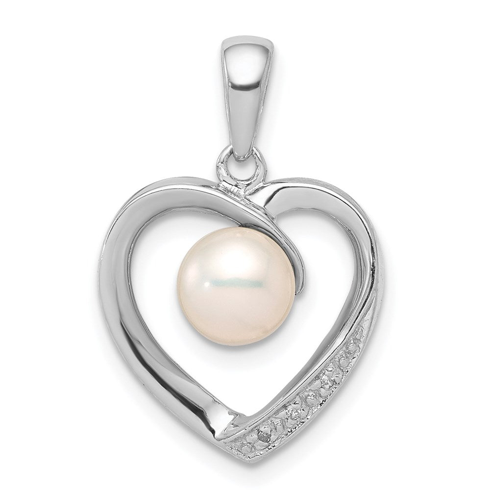 Sterling Silver Rhodium 6mm FW Cultured Pearl & Diamond Heart Pendant, 0.011 ct, 23 x 14 mm