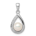 Sterling Silver Rhodium 6mm FW Cltrd Pearl & Diamond Teardrop Pendant, 0.047 ct, 22 x 10 mm