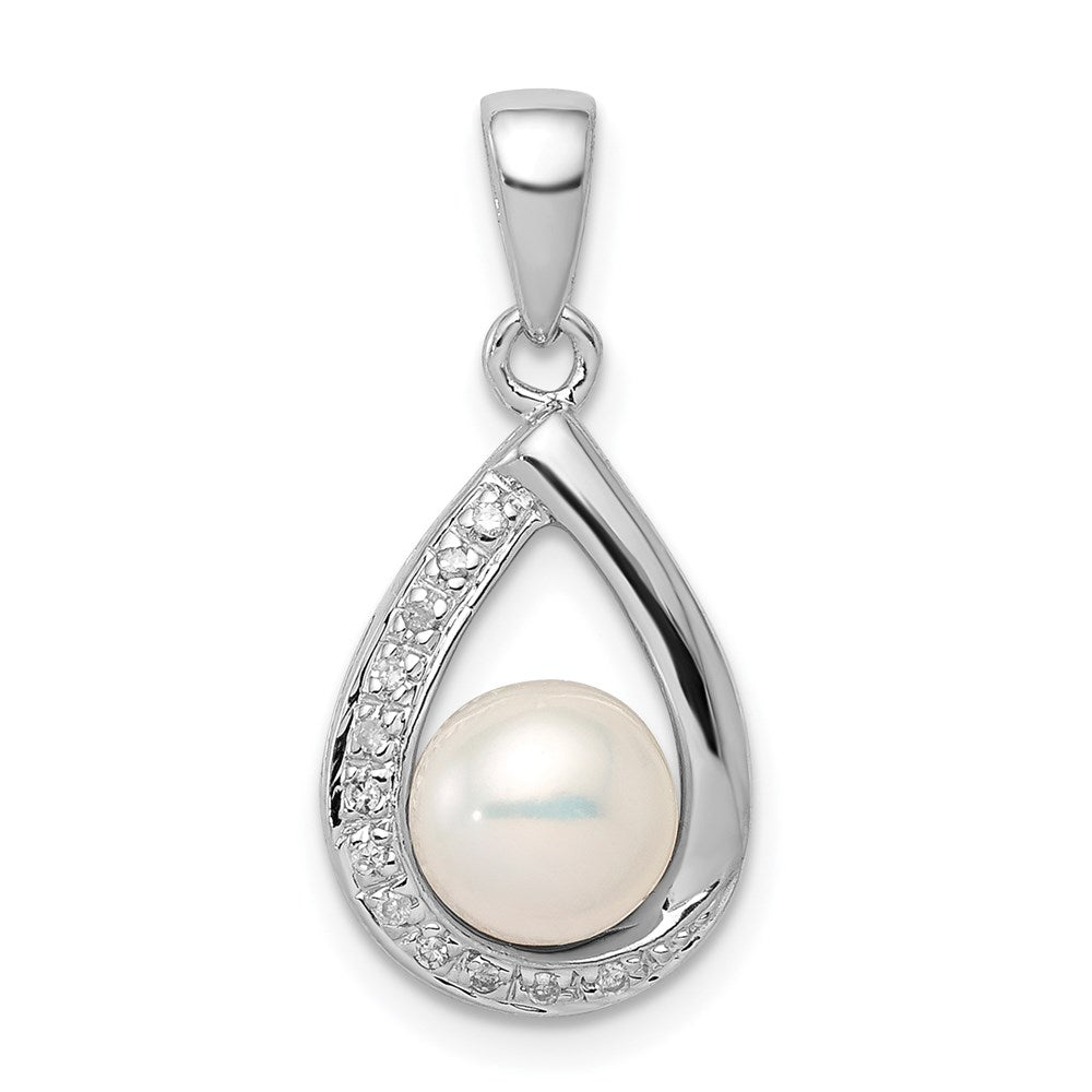 Sterling Silver Rhodium 6mm FW Cltrd Pearl & Diamond Teardrop Pendant, 0.047 ct, 22 x 10 mm