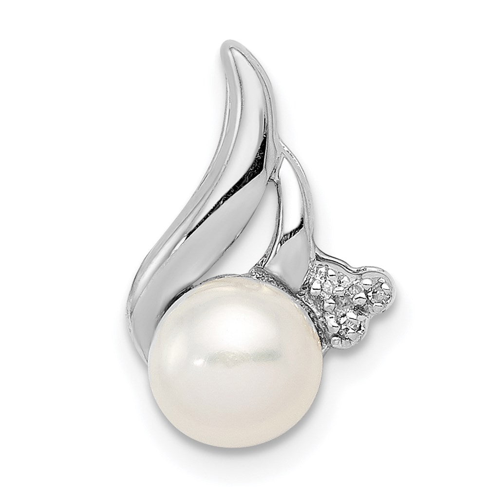 Sterling Silver Rhodium 6mm FW Cultured Pearl & Diamond Chain Slide, 0.013 ct, 15 x 10 mm