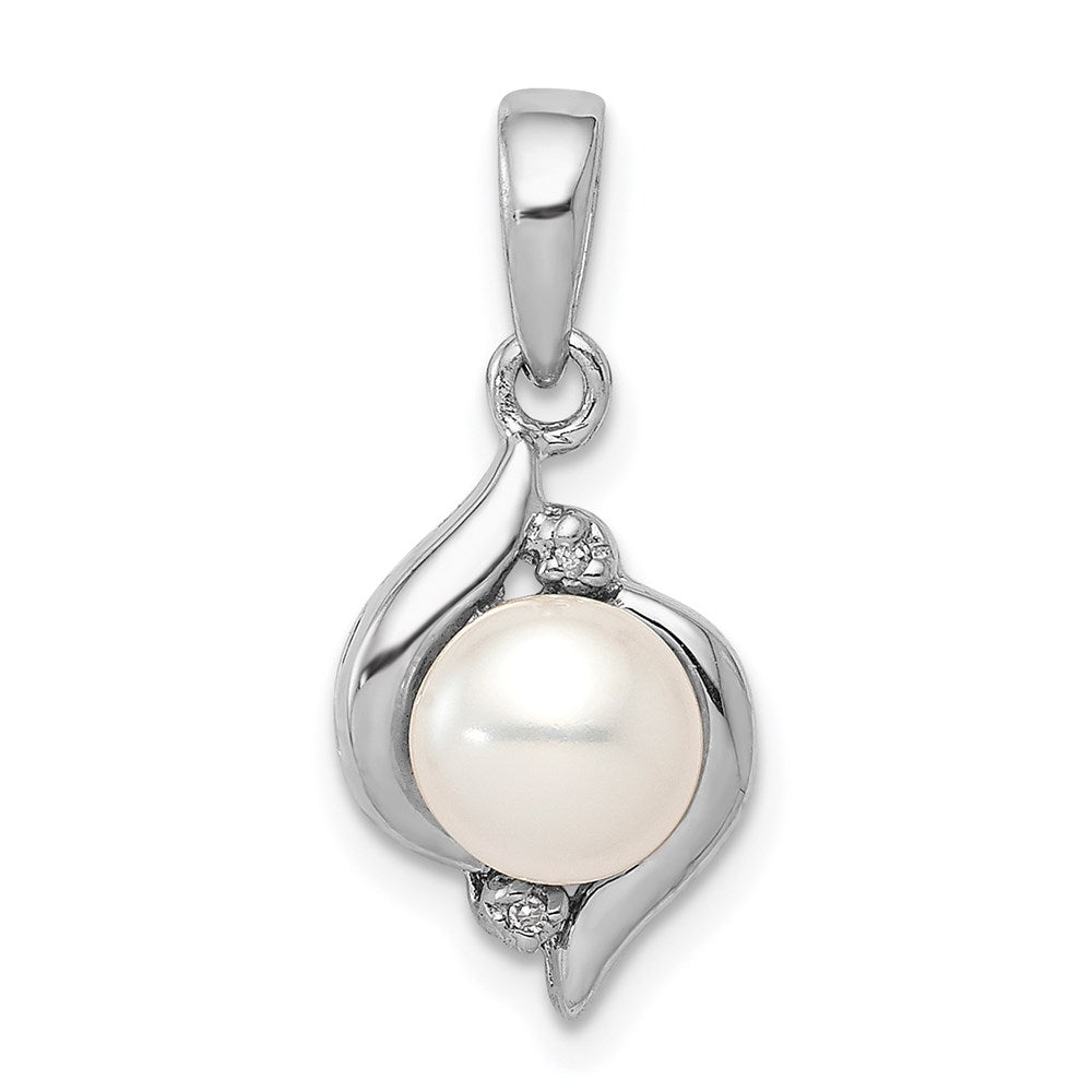 Sterling Silver Rhodium 6mm FW Cultured Pearl & Diamond Pendant, 0.011 ct, 22 x 10 mm
