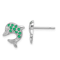 Sterling Silver Rhodium Emerald & Diamond Dolphin Post Earrings, 0.21 ct, 14 x 12 mm