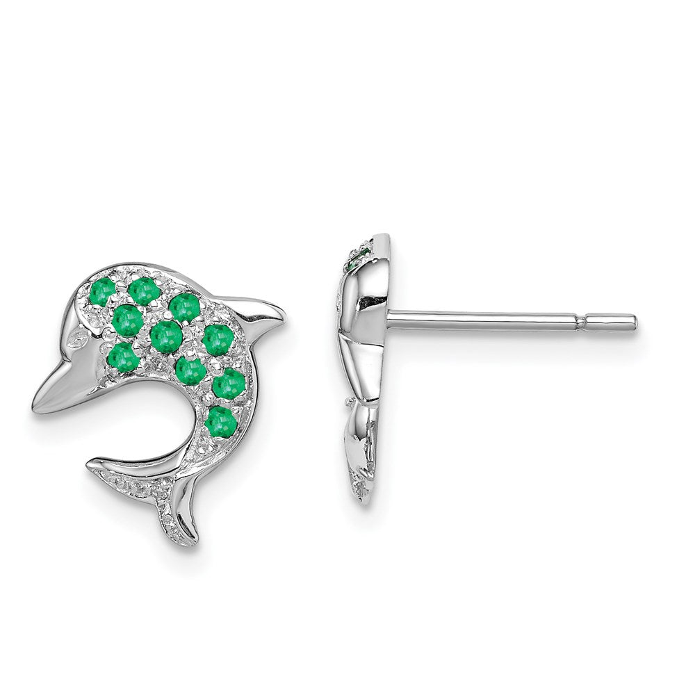 Sterling Silver Rhodium Emerald & Diamond Dolphin Post Earrings, 0.21 ct, 14 x 12 mm