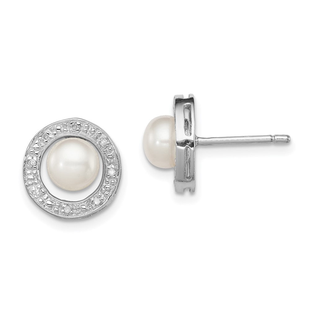 Sterling Silver Rhodium 6mm FW Cultured Pearl & Diamond Post Ear, 0.05 ct, 11 x 11 mm
