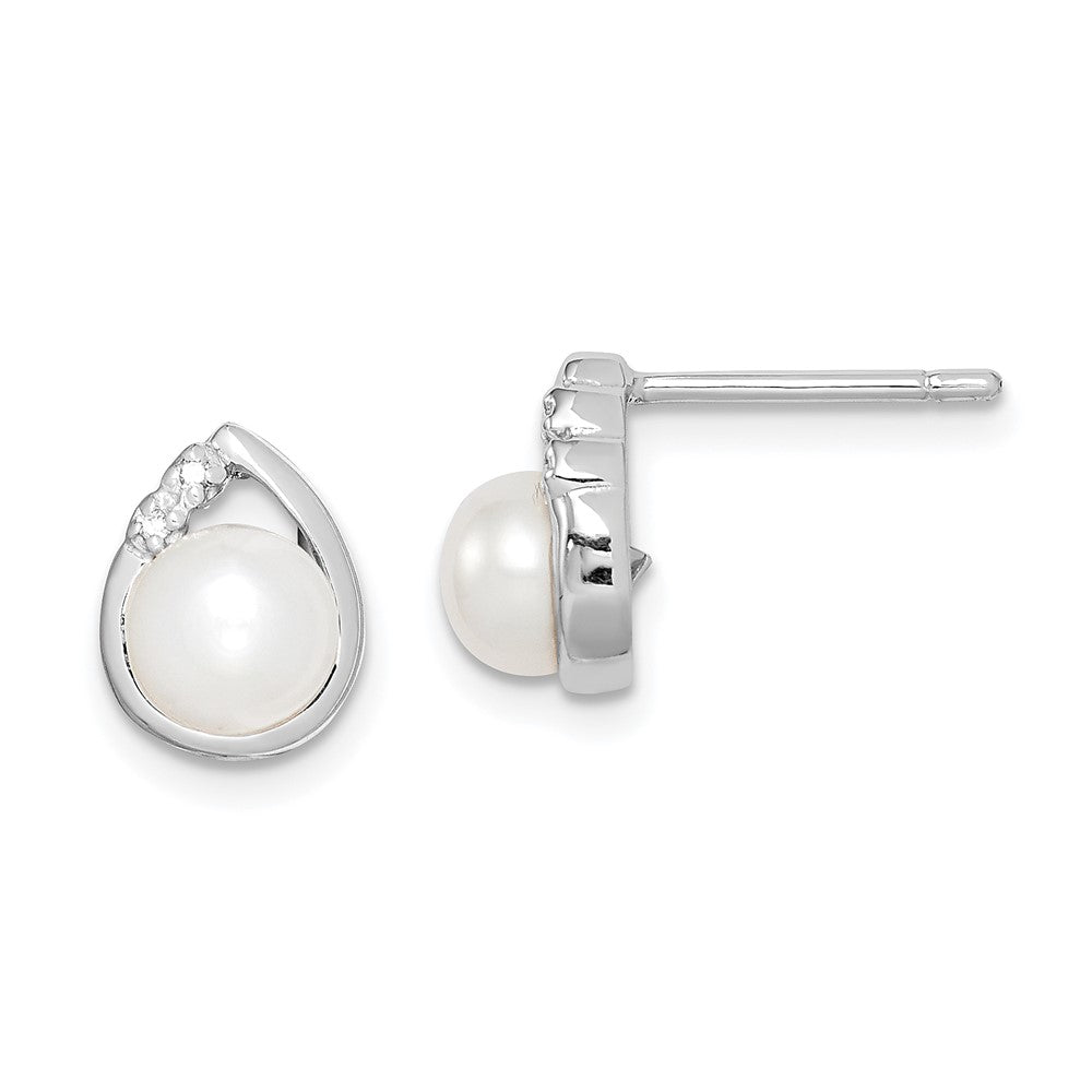 Sterling Silver Rhodium-plated 5mm FW Cultured Pearl & Diamond Post Ear, 0.012 ct, 9 x 7 mm