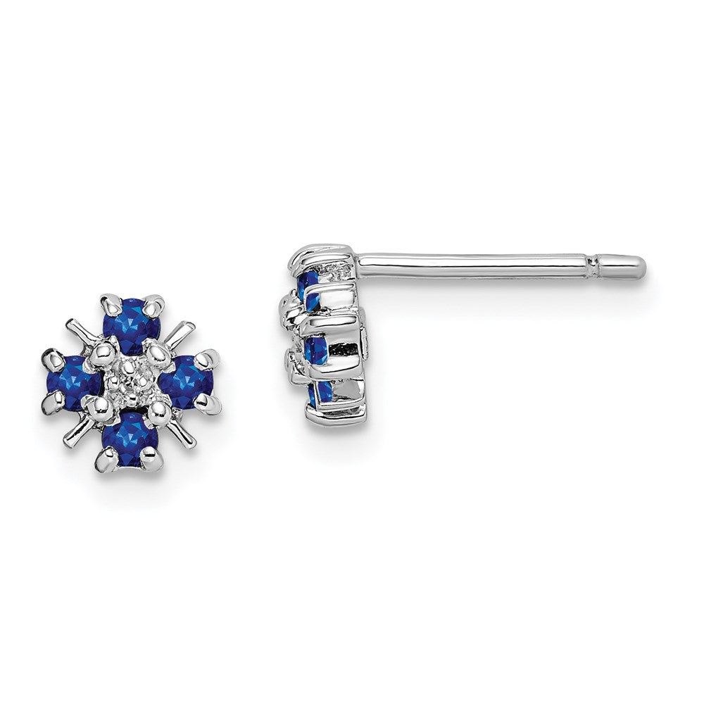 Sterling Silver Rhodium Sapphire & Diamond Post Earrings, 0.406 ct, 7 x 6 mm