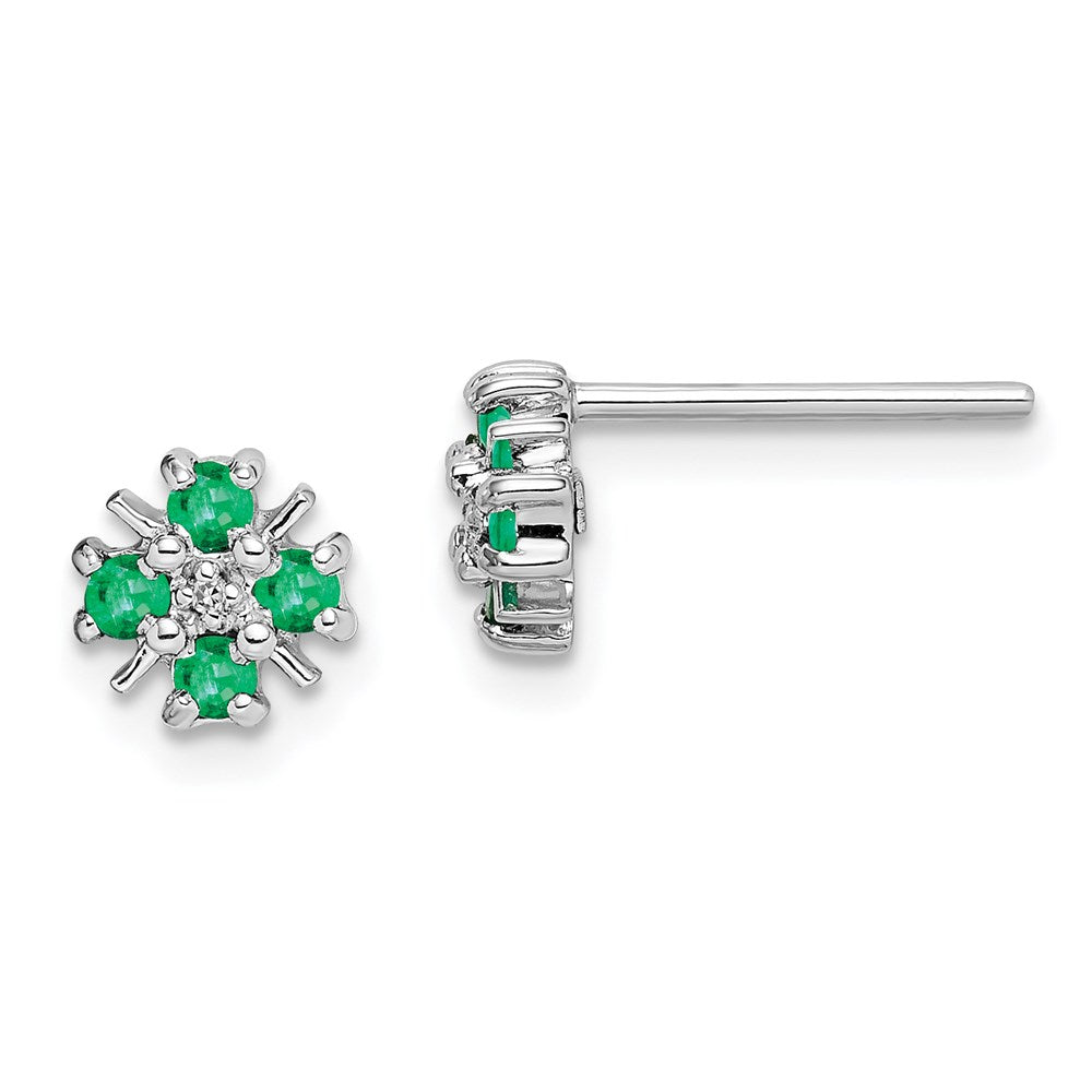 Sterling Silver Rhodium Emerald & Diamond Post Earrings, 0.326 ct, 7 x 6 mm