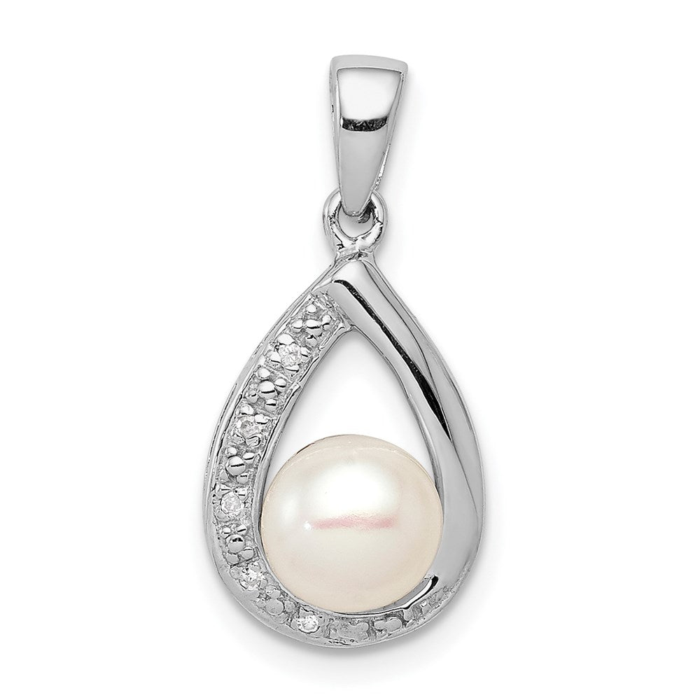 Sterling Silver Rhodium FW Cultured Pearl & Diamond Pendant, 0.02 ct, 22 x 10 mm
