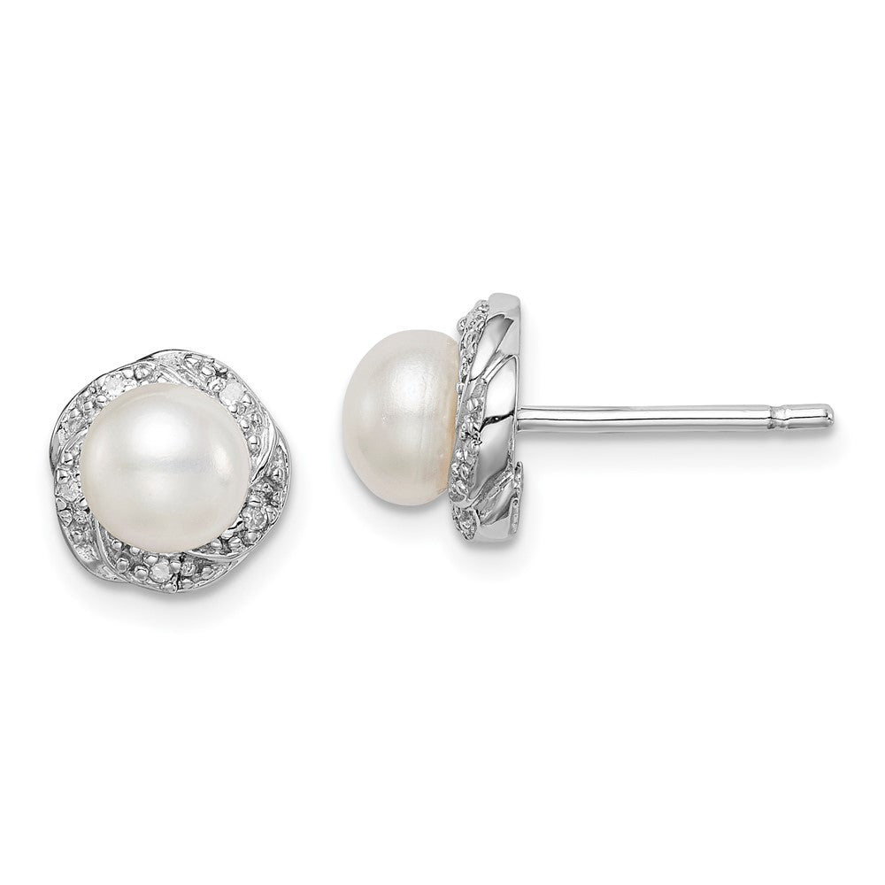 Sterling Silver Rhodium FW Cultured Pearl & Diamond Post Earrings, 0.032 ct, 8 x 8 mm