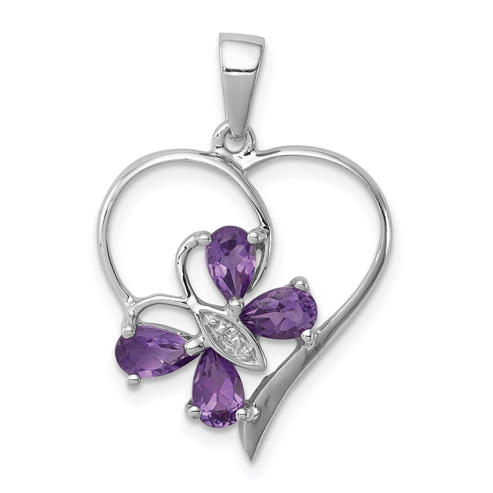 Sterling Silver RH Plated Amethyst and Diamond Butterfly Heart Pendant, 0.803 ct, 26 x 18 mm