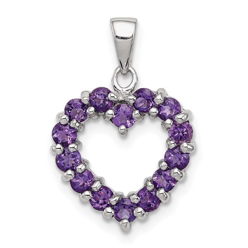 Sterling Silver Rhodium Plated Amethyst Heart Pendant, 0.98 ct, 20 x 14 mm