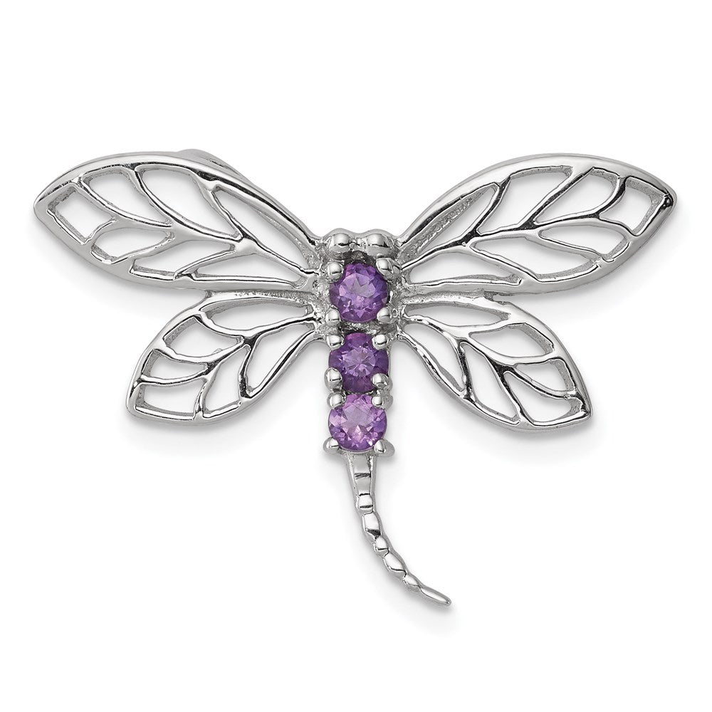 Sterling Silver Rhodium Amethyst Dragonfly Pendant, 0.21 ct, 18 x 27 mm