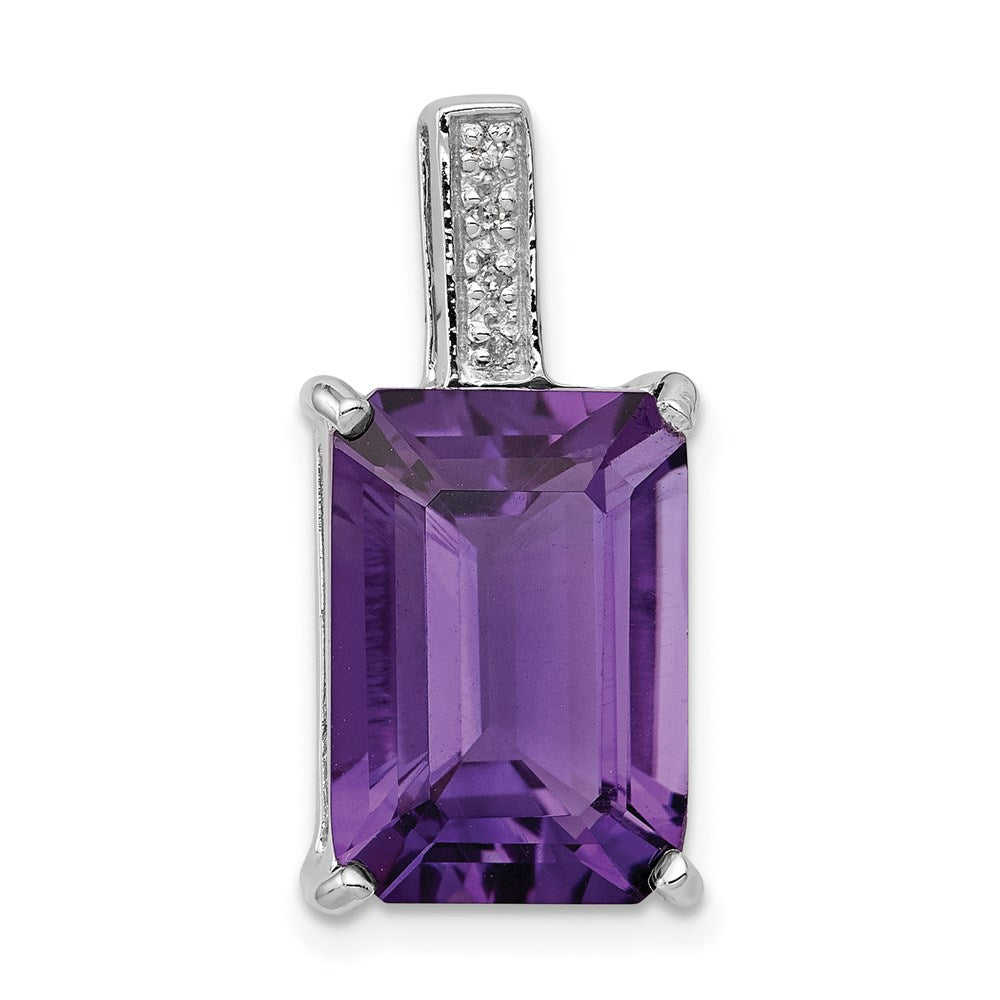 Sterling Silver Rhodium Emerald-cut Amethyst & Diamond Pendant, 6.86 ct, 23 x 10 mm
