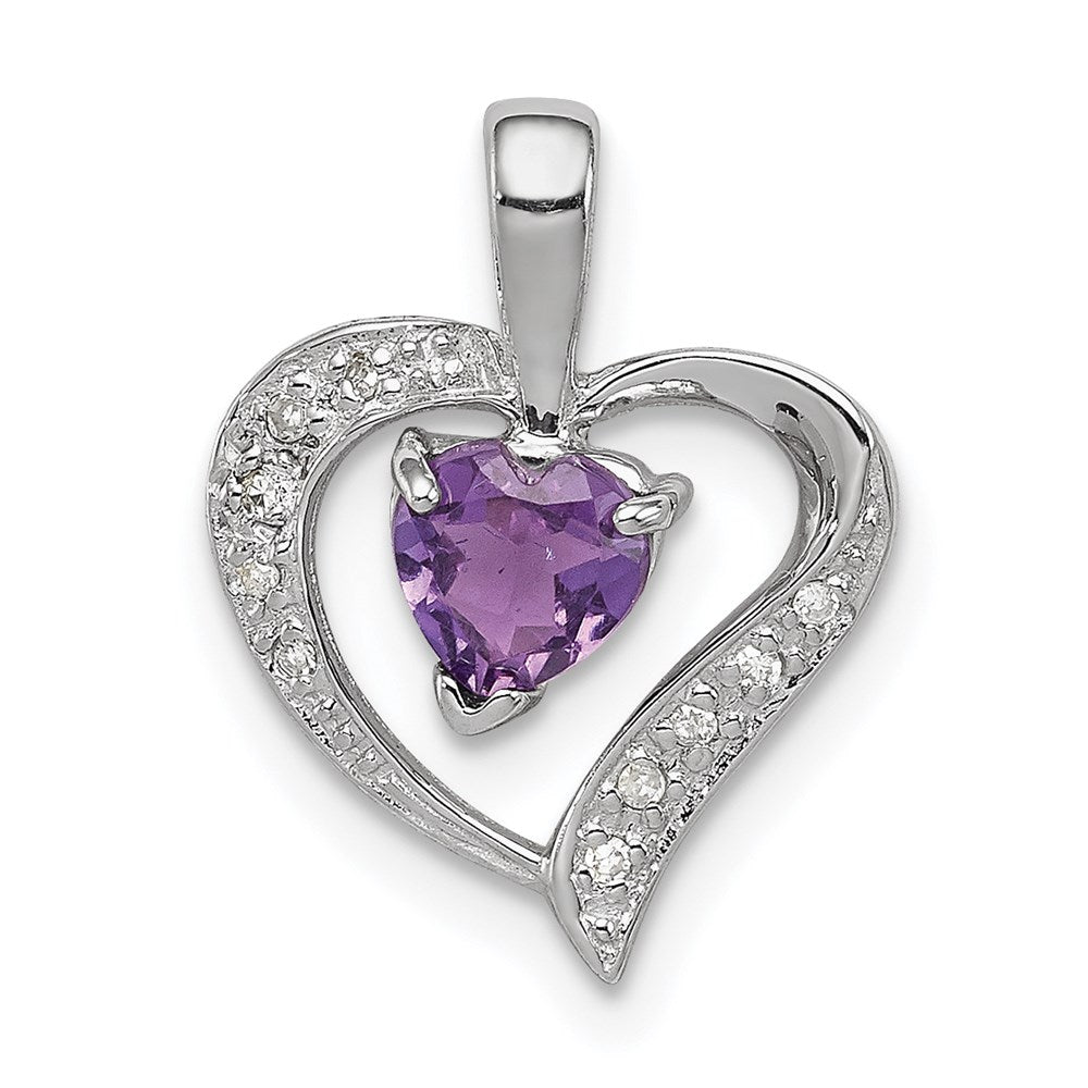 Sterling Silver Rhodium Plated Amethyst and Diamond Heart Pendant, 0.48 ct, 17 x 13 mm