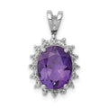 Sterling Silver Rhodium Plated Oval Amethyst and Diamond Pendant, 2.412 ct, 21 x 11 mm