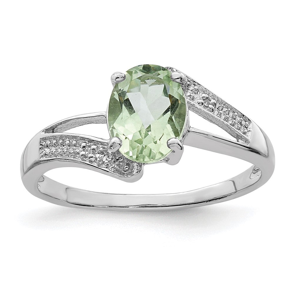 Sterling Silver Rhodium Green Quartz & Diamond Ring, 1.06 ct, Size 7, 2 mm, 1.75 g
