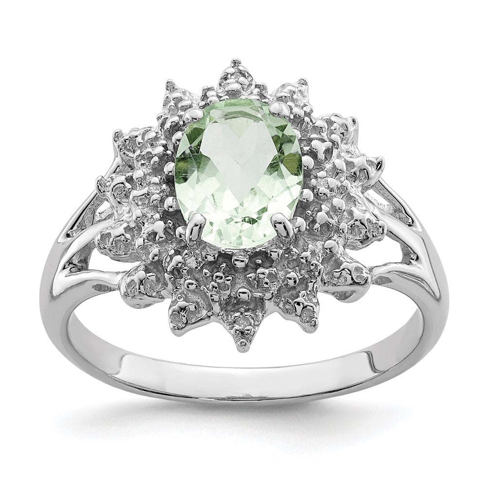 Sterling Silver Rhodium Green Quartz & Diamond Ring, 1.06 ct, Size 7, 2 mm, 3.39 g