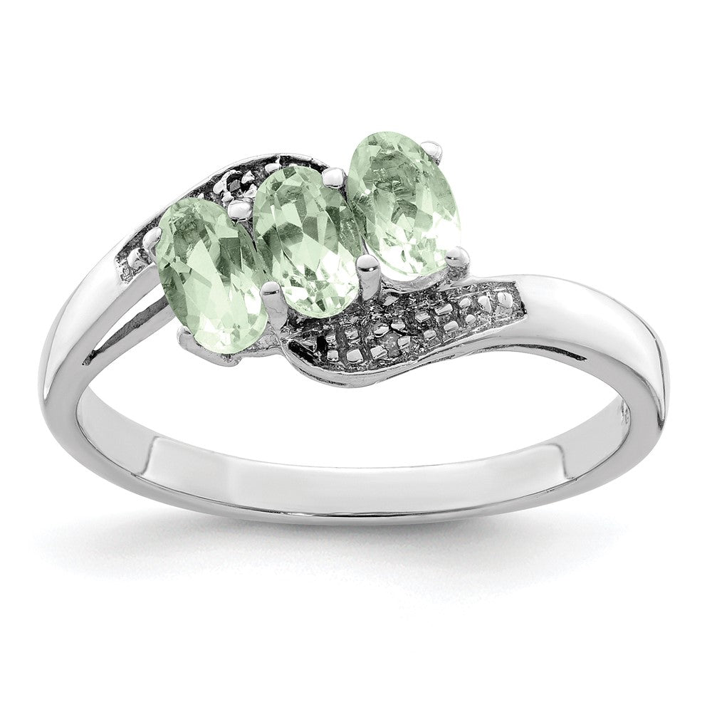 Sterling Silver Rhodium 3 Stone Green Quartz & Diamond Ring, 0.73 ct, Size 8, 2 mm