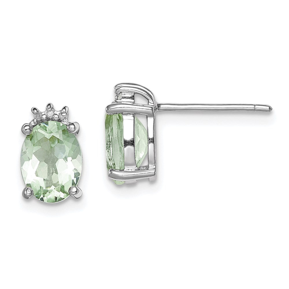 Sterling Silver Rhodium-plated Oval Green Quartz and DiamondEarrings, 2.498 ct, 10 x 6 mm