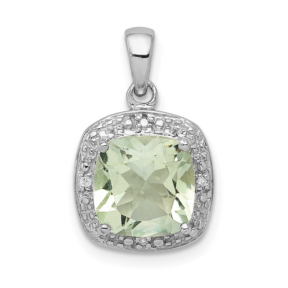 Sterling Silver Rhodium Plated Green Quartz and Diamond Pendant, 2.216 ct, 17 x 11 mm