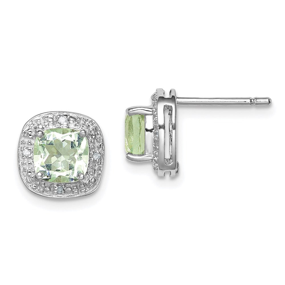 Sterling Silver Rhodium Plated Green Quartz and Diamond Earrings, 1.872 ct, 9 x 9 mm