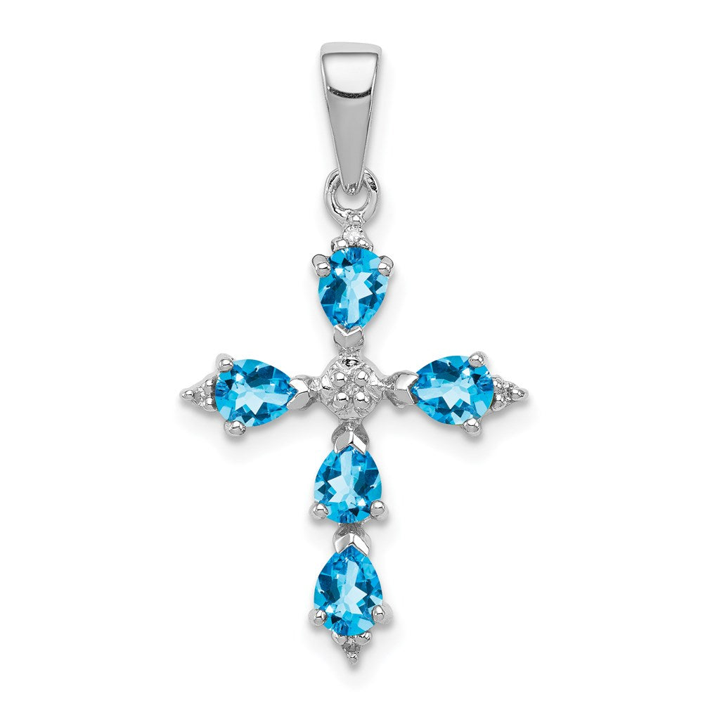 Sterling Silver Rhodium Pear Swiss Blue Topaz Cross Pendant, 0.92 ct, 26 x 17 mm