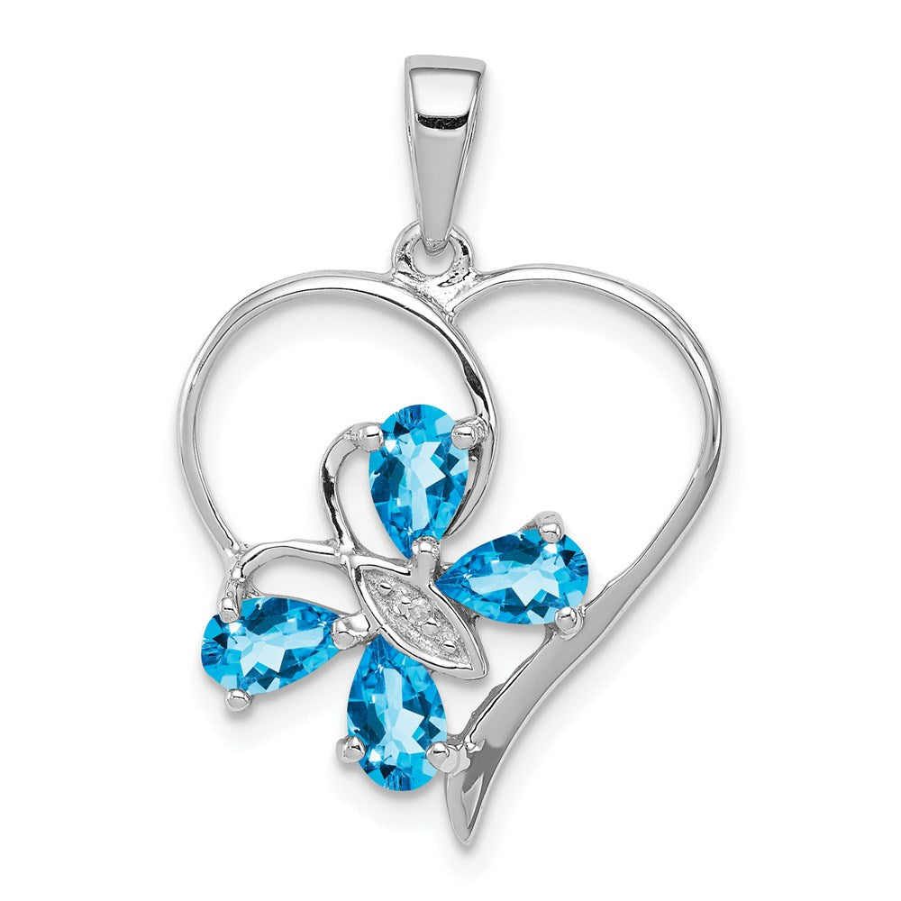 Sterling Silver Rhodium SW Blue Topaz & Diamond Butterfly Heart Pendant, 1.003 ct, 25 x 18 mm