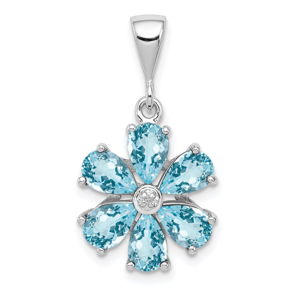 Sterling Silver Rhodium Light Swiss Blue Topaz & Diamond Flower Pendant, 3.003 ct, 24 x 14 mm