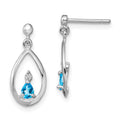 Sterling Silver Rhodium-plated Blue Topaz and Diamond Post Earrings, 0.35 ct, 19 x 8 mm