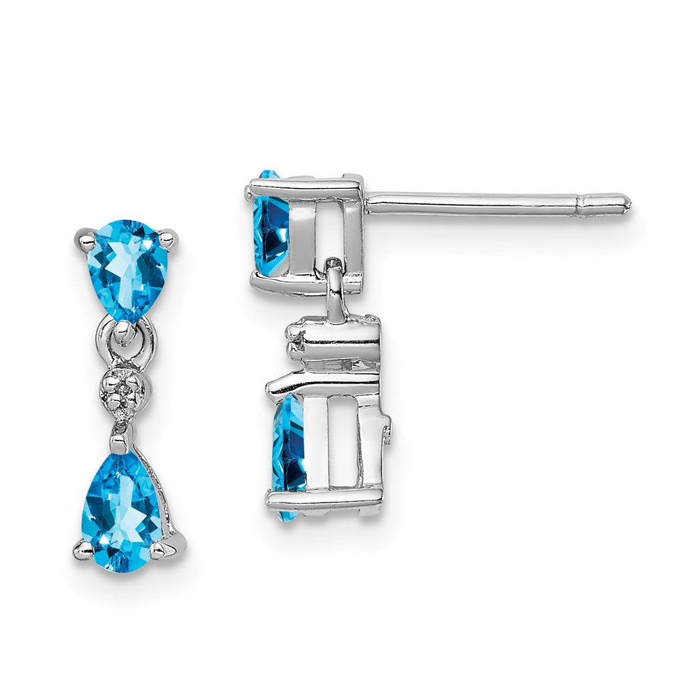Sterling Silver Rhodium-plated Blue Topaz and Diamond Post Earrings, 0.87 ct, 14 x 4 mm