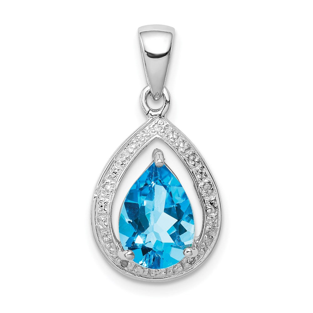 Sterling Silver Rhodium-plated Light Swiss Blue Topaz & Diamond Pendant, 2.42 ct, 23 x 11 mm