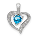 Sterling Silver Rhodium Heart Swiss Blue Topaz & Diamond Heart Pendant, 0.48 ct, 17 x 13 mm