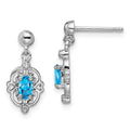Sterling Silver Rhodium Plated Blue Topaz and Diamond Post Earrings, 0.49 ct, 17 x 7 mm