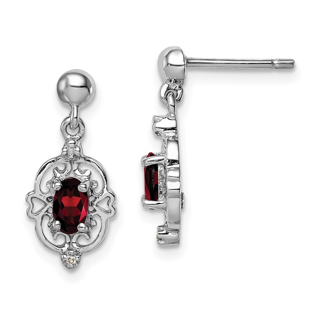 Sterling Silver Rhodium-plated Garnet and Diamond Post Earrings, 0.56 ct, 17 x 7 mm