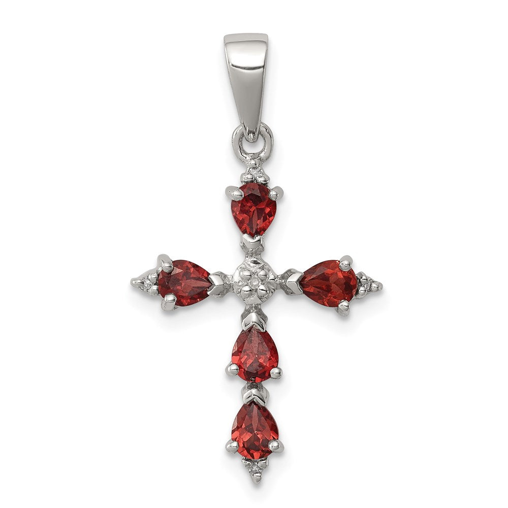 Sterling Silver Rhodium Pear Garnet Cross Pendant, 1.17 ct, 27 x 16 mm