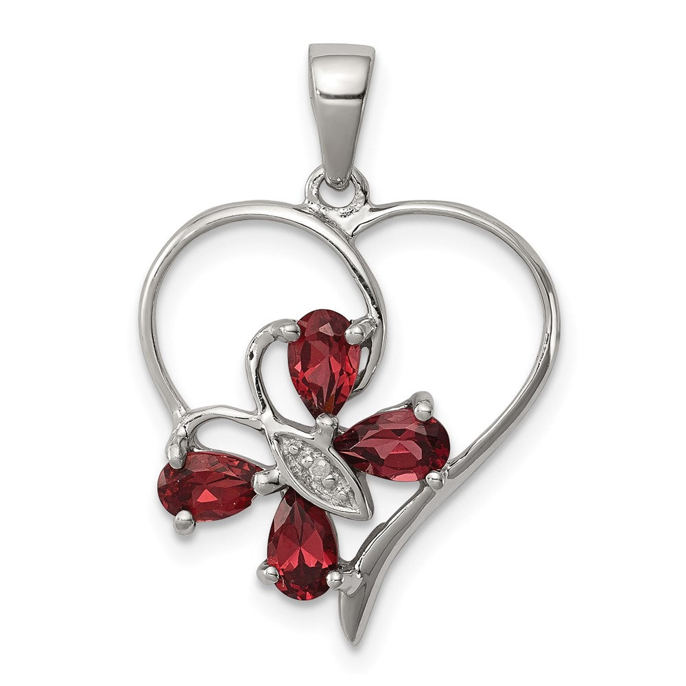 Sterling Silver Rhodium Garnet & Diamond Butterfly Heart Pendant, 1.003 ct, 25 x 18 mm