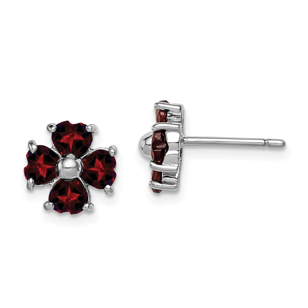 Sterling Silver Rhodium Plated Garnet Flower Post Earrings, 2.8 ct, 9 x 9 mm