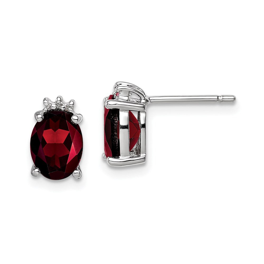 Sterling Silver Rhodium Plated Oval Garnet and Diamond Post Earrings, 2.818 ct, 11 x 6 mm