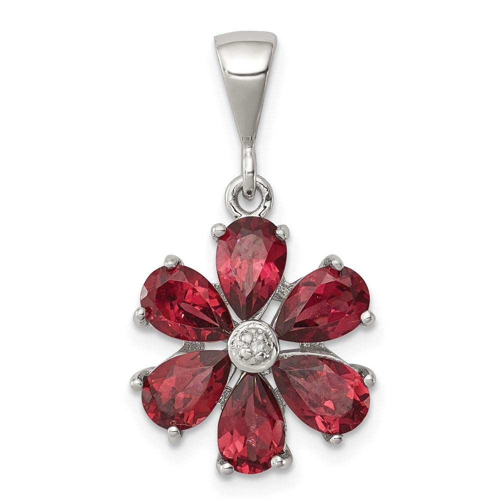 Sterling Silver Rhodium Garnet & Diamond Flower Pendant, 2.403 ct, 25 x 13 mm