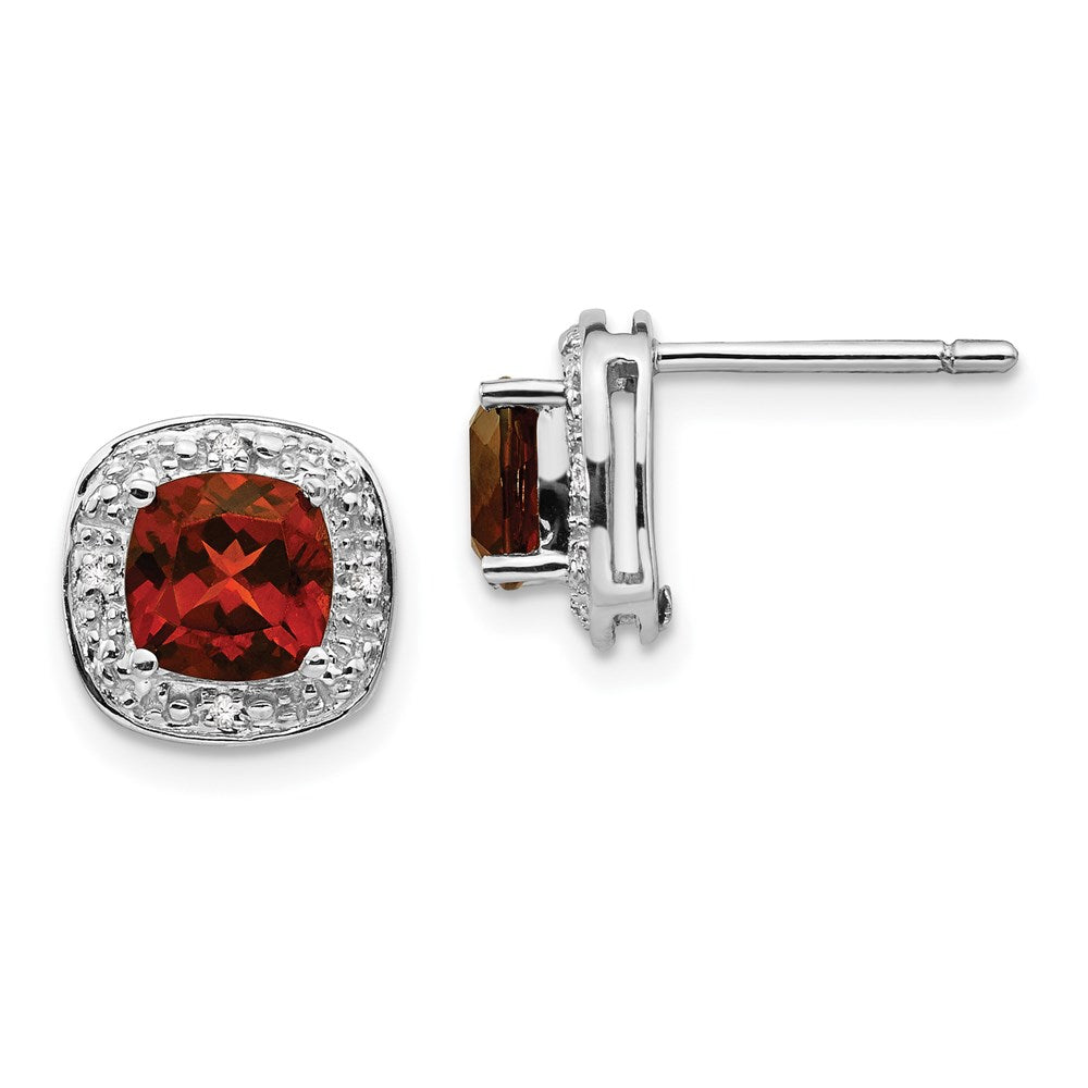 Sterling Silver Rhodium Plated Garnet and Diamond Post Earrings, 2.532 ct, 9 x 9 mm