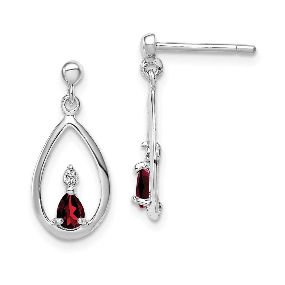 Sterling Silver Rhodium Plated Garnet and Diamond Post Earrings, 0.37 ct, 19 x 8 mm