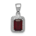 Sterling Silver Rhodium Emerald-cut Garnet & Diamond Pendant, 1.71 ct, 19 x 9 mm
