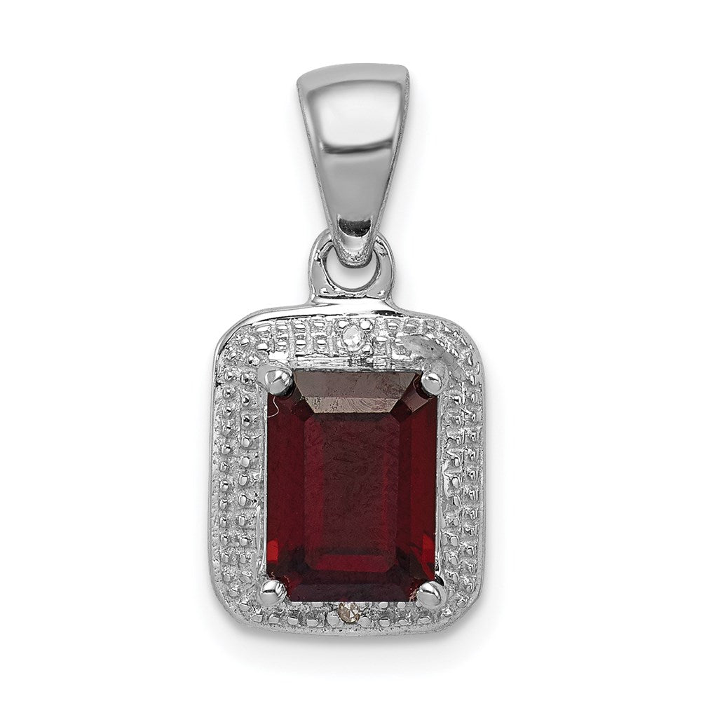 Sterling Silver Rhodium Emerald-cut Garnet & Diamond Pendant, 1.71 ct, 19 x 9 mm