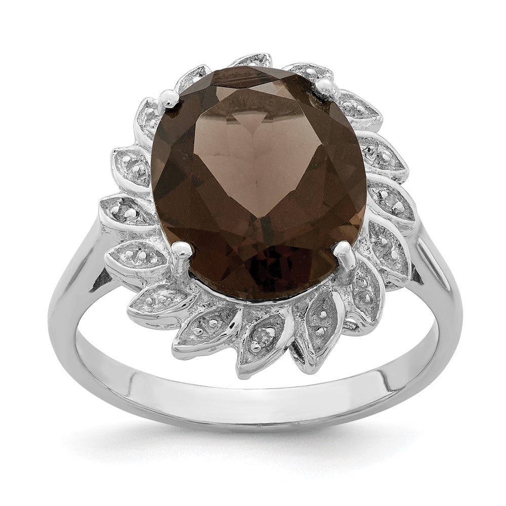 Sterling Silver Rhodium Smoky Quartz & Diamond Ring, 3.41 ct, Size 7, 2 mm
