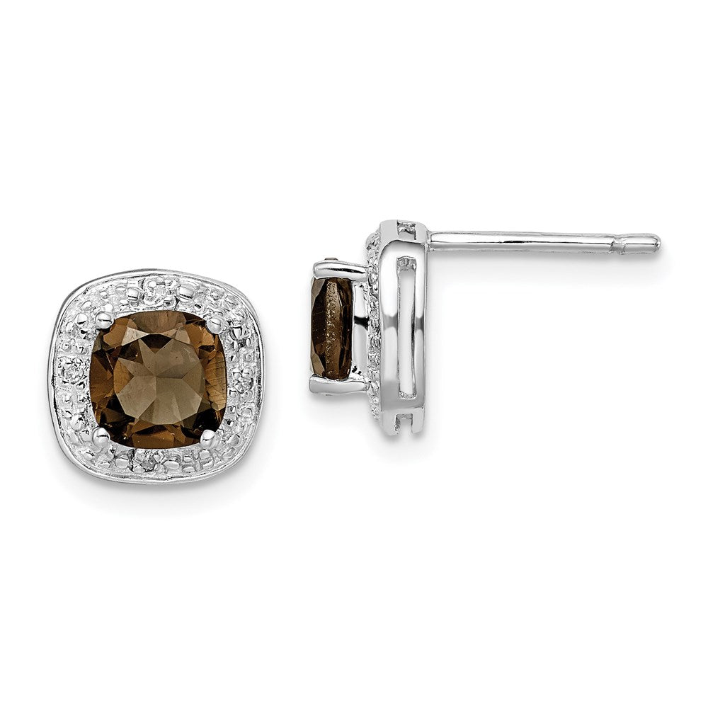 Sterling Silver Rhodium Plated Smoky Quartz and Diamond Post Earrings, 1.832 ct, 10 x 10 mm