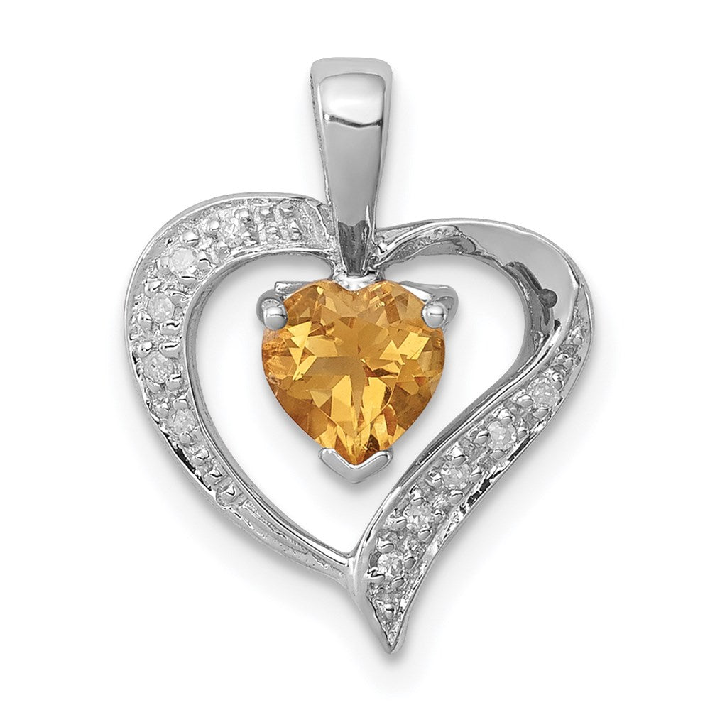 Sterling Silver Rhodium Heart Citrine & Diamond Heart Pendant, 0.48 ct, 18 x 14 mm