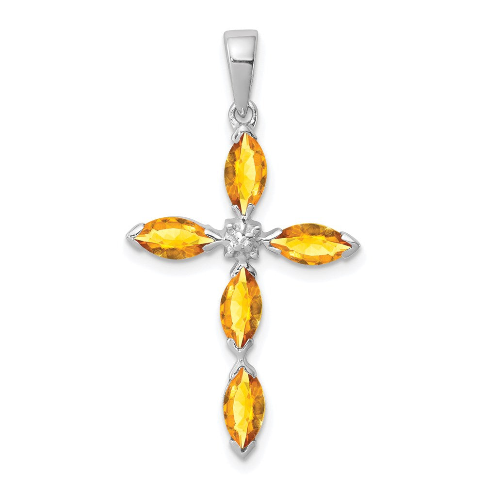 Sterling Silver Rhodium Citrine & Diamond Cross Pendant, 1.003 ct, 31 x 17 mm